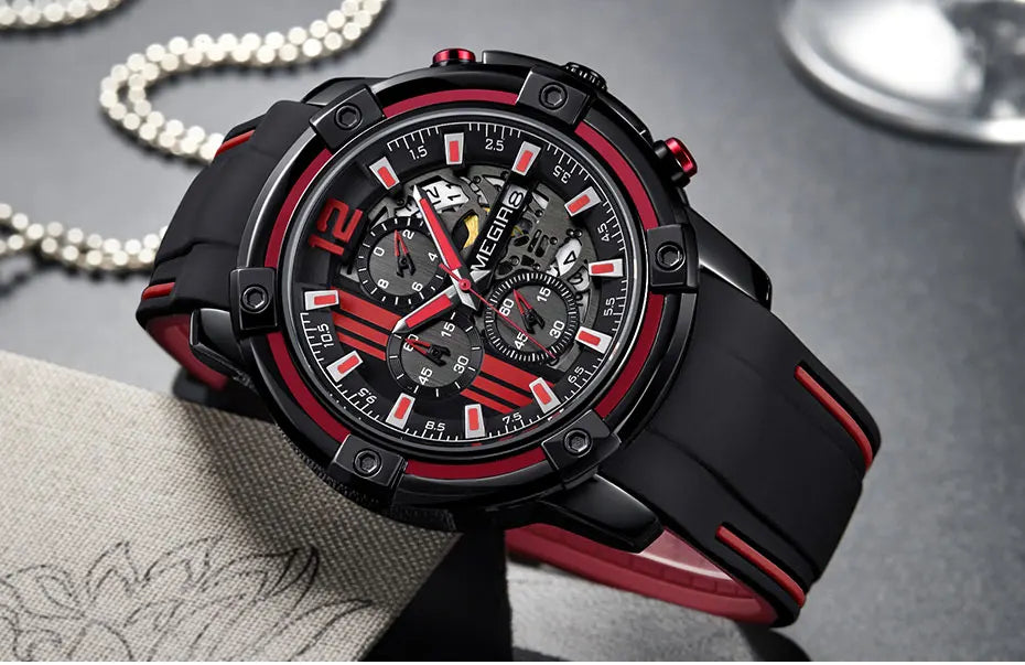 Megir Men's Sports Quartz Watches Army Military Chronograph Wristwatch for Man Luminous Relogios Masculino Clock  2097 Black Red