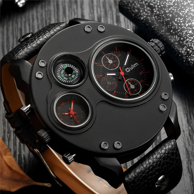 Oulm New Fashion Casual Sport Men's Watches Black Leather Dual Time Zone Wristwatch Male Quartz Big Size Luxury Military Watch