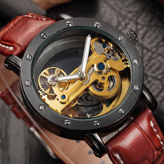 Luxury Tourbillon Automatic Mechanical Watches Men Skeleton Watches Men Transparent Watches Leather SHENHUA Relogio Masculino