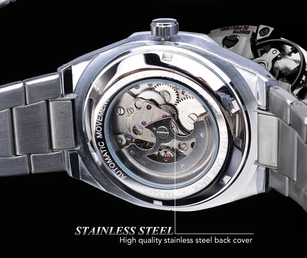 Forsining Fashion Steampunk Men's Automatic Mechanical Watch Hollow Skeleton Design Black Dial Waterproof Business Wristwatches