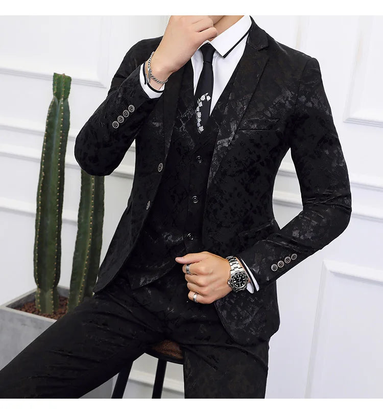 High-end Brand Suit Men Clothing Fashion Business Banquet Wedding Blazers Jacket with Vest and Pants Black / Blue Size 6XL