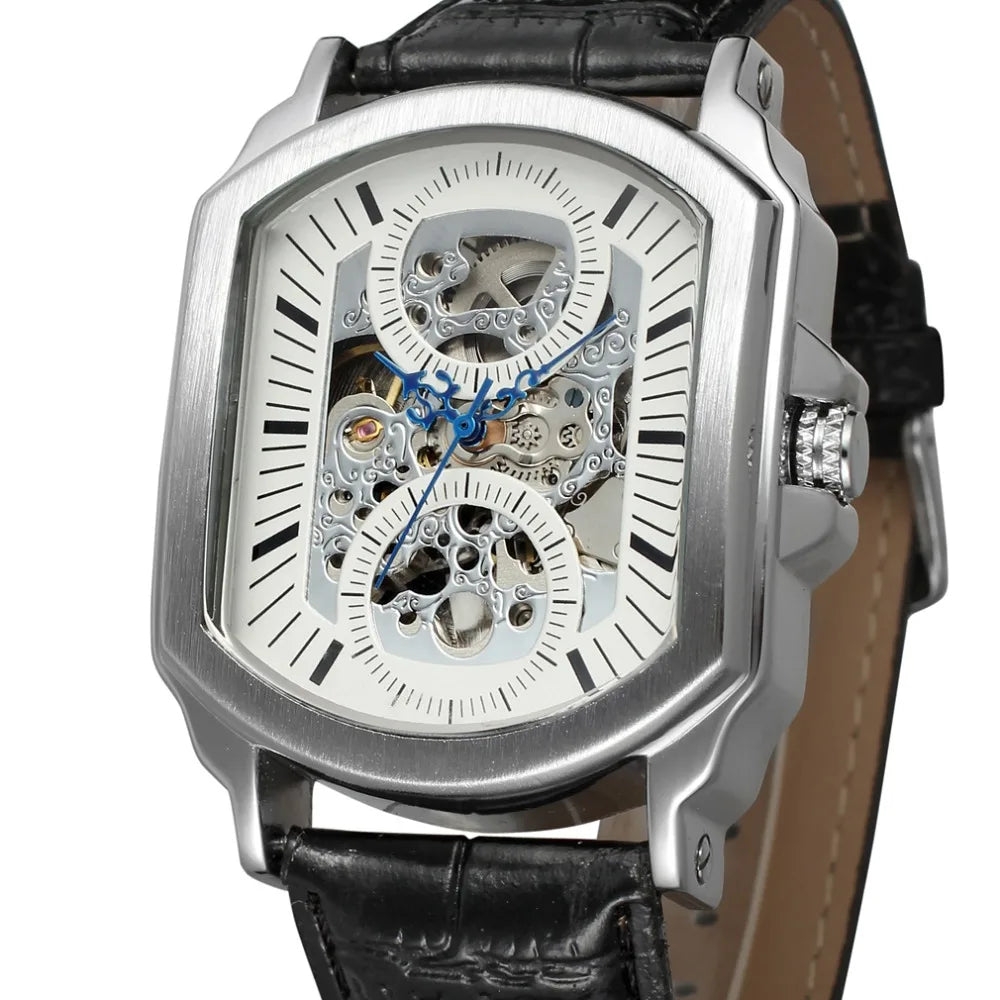 Luxury Mens Watches Tonneau Silver Transparent Skeleton Watch for Men Mechanical Hollow Out Wristwatches Stainless Steel Strap