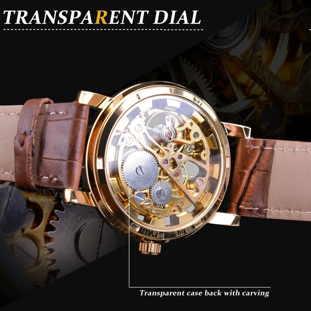 Winner Transparent Golden Case Luxury Casual Design Brown Leather Strap Mens Watches Top Brand Luxury Mechanical Skeleton Watch