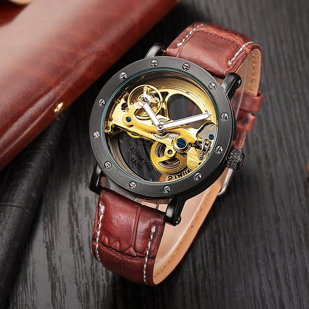 Luxury Tourbillon Automatic Mechanical Watches Men Skeleton Watches Men Transparent Watches Leather SHENHUA Relogio Masculino