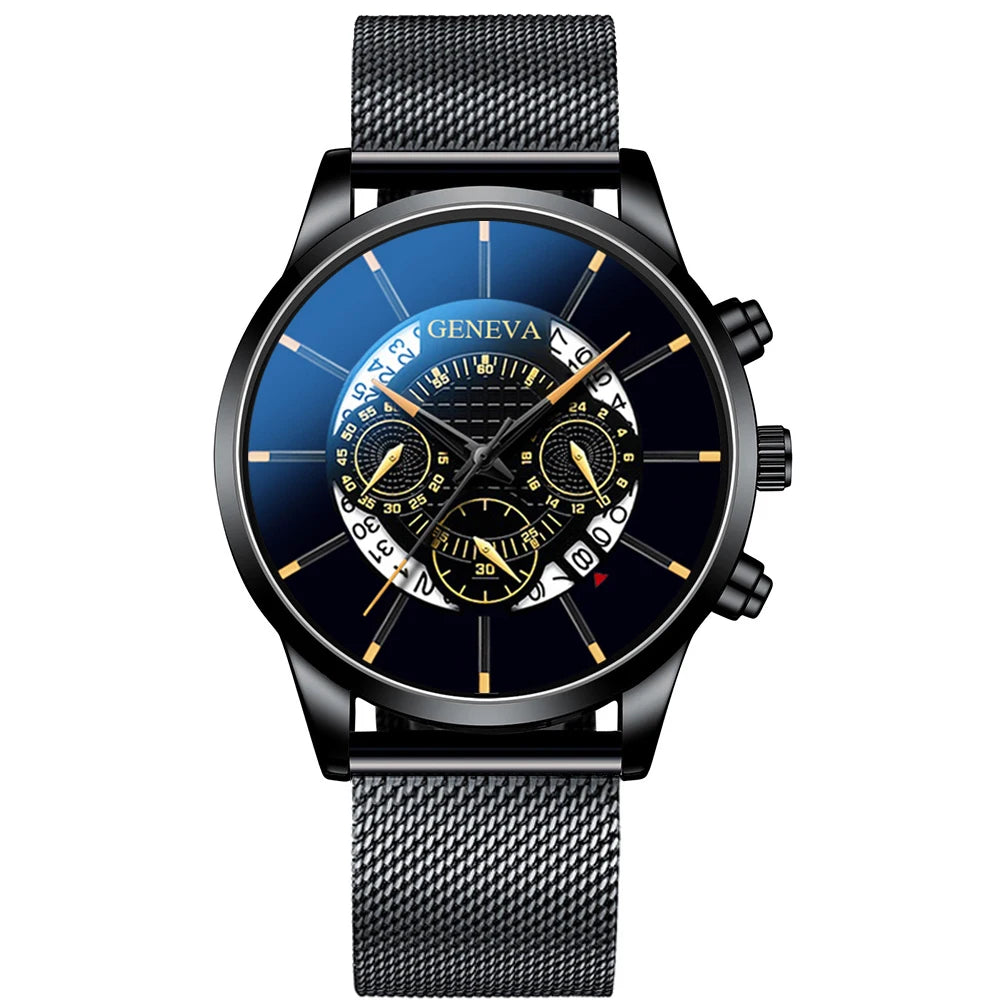 reloj hombre Mens Fashion Business Calendar Watches Blue Stainless Steel Mesh Belt Analog Quartz Wrist Watch relogio masculino