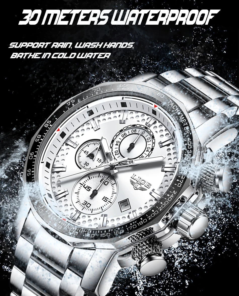 Man Watch LIGE Luxury Stainless Steel Mens Watch Male Military Sport Waterproof Big Watches Men Quartz Clock Relogios Masculino