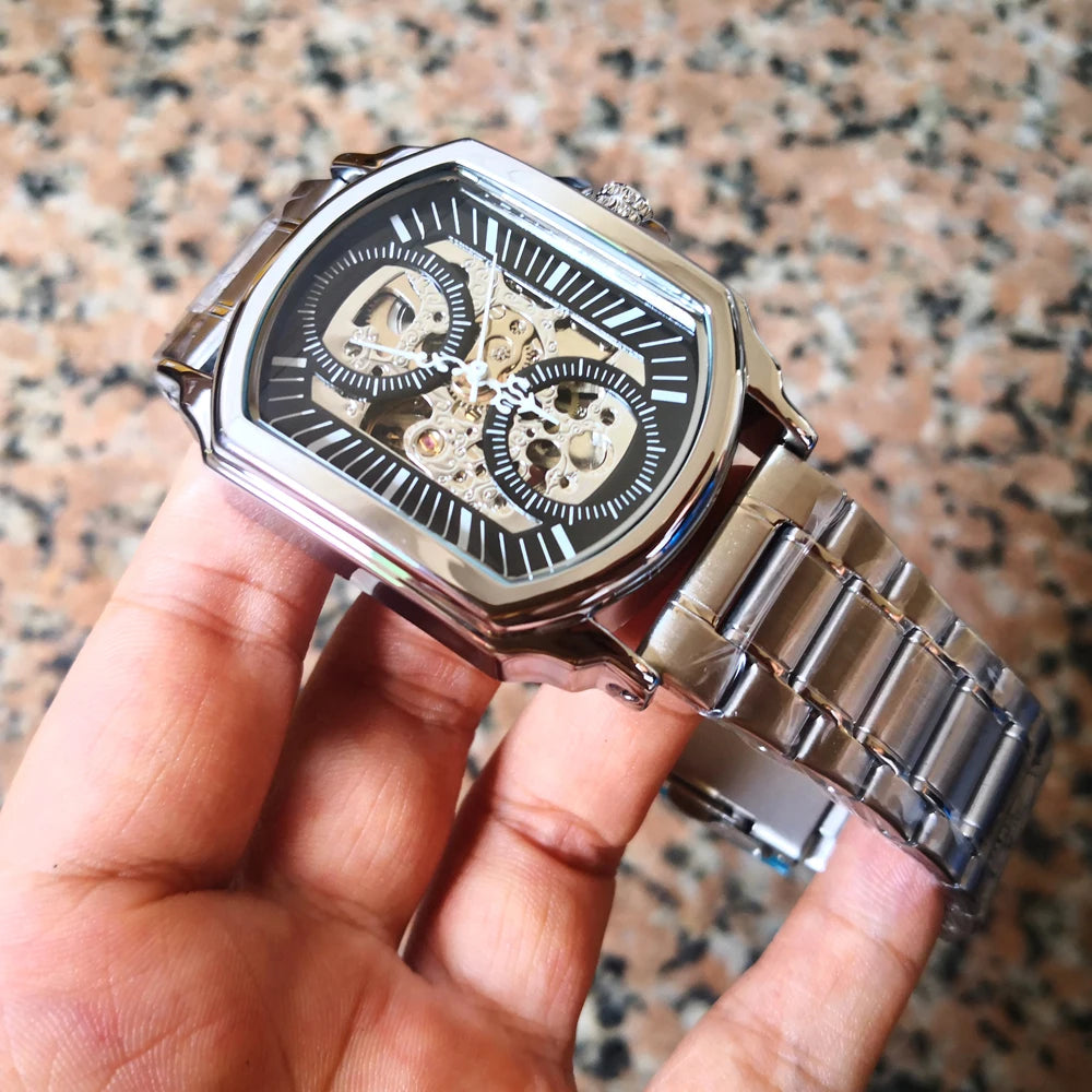 Luxury Mens Watches Tonneau Silver Transparent Skeleton Watch for Men Mechanical Hollow Out Wristwatches Stainless Steel Strap
