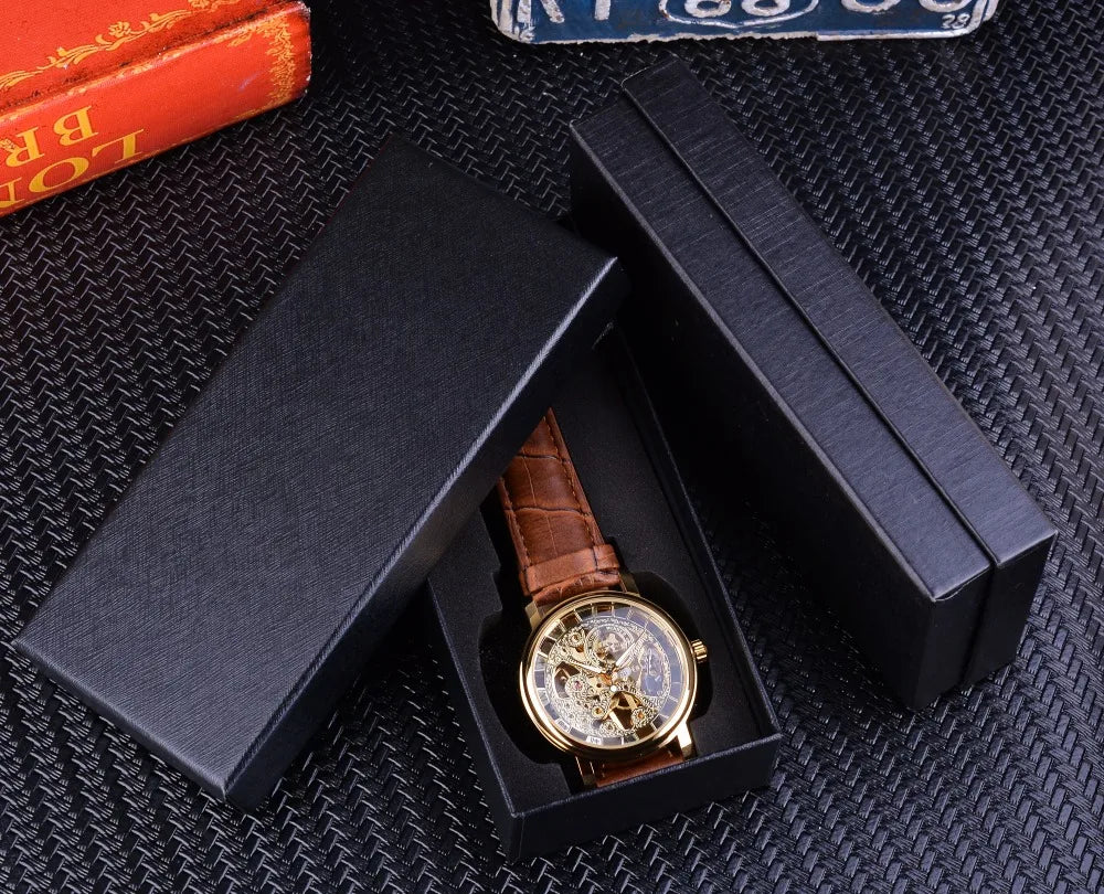 Winner Transparent Golden Case Luxury Casual Design Brown Leather Strap Mens Watches Top Brand Luxury Mechanical Skeleton Watch