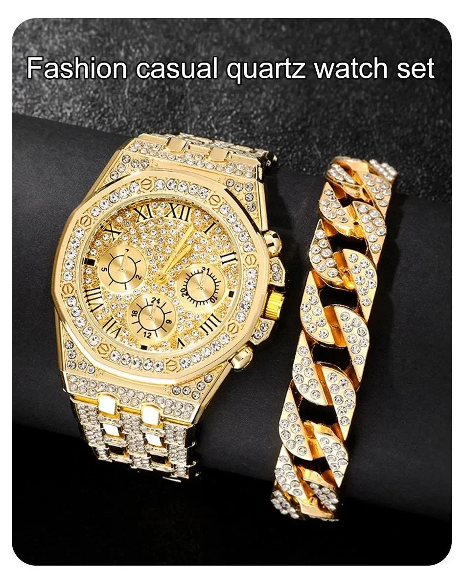 Luxury Men Watch Stainless Stee Band Golden Watches for Men Fashion Hip Hop Watch Diamond Big Dial Business Quartz Wristwatches