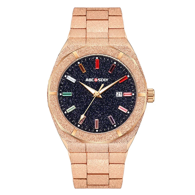 Matte Star Dust Dial Full silver Stainless Steel Strap High Quality Date Clock Frosted Diamond Quartz Watch for Men 2024