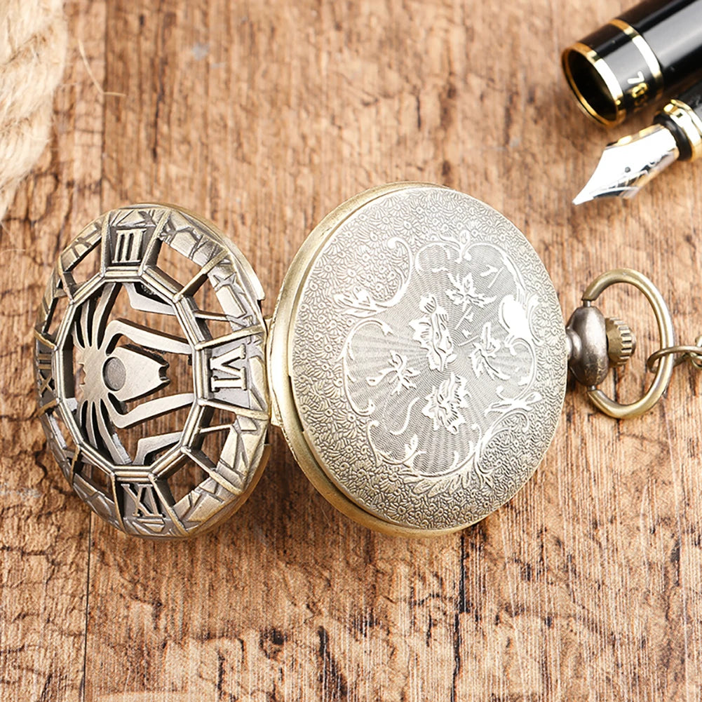 Gold Hollow Spider Design Quartz Pocket Watch Silver Half Hunter Pendant Necklace Clock Best Gifts Boys Men Women New 2019