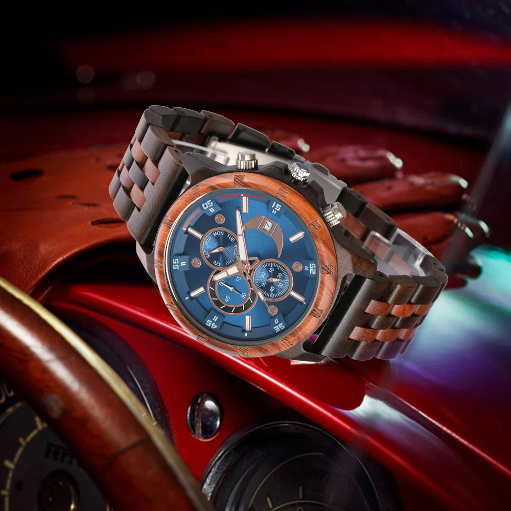 Men's Wooden Wrist Watches for Men Chronograph Fashion Wristwatches Business Blue Wood Mens Watches Clock reloj madera hombre