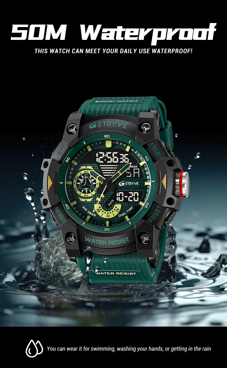 STRYVE Electronic Fashion Men's Sport Watches Shock Resistant 50M Waterproof Wristwatch LED Alarm Stopwatch Clock Men 8029