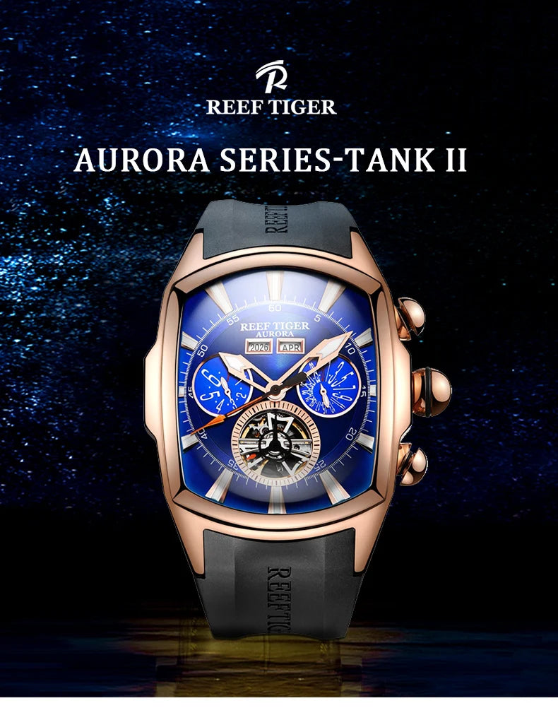 Reef Tiger/RT Designer Sport Watches with Tourbillon Stainless Steel Rubber Strap Blue Dial Automatic Watches RGA3069