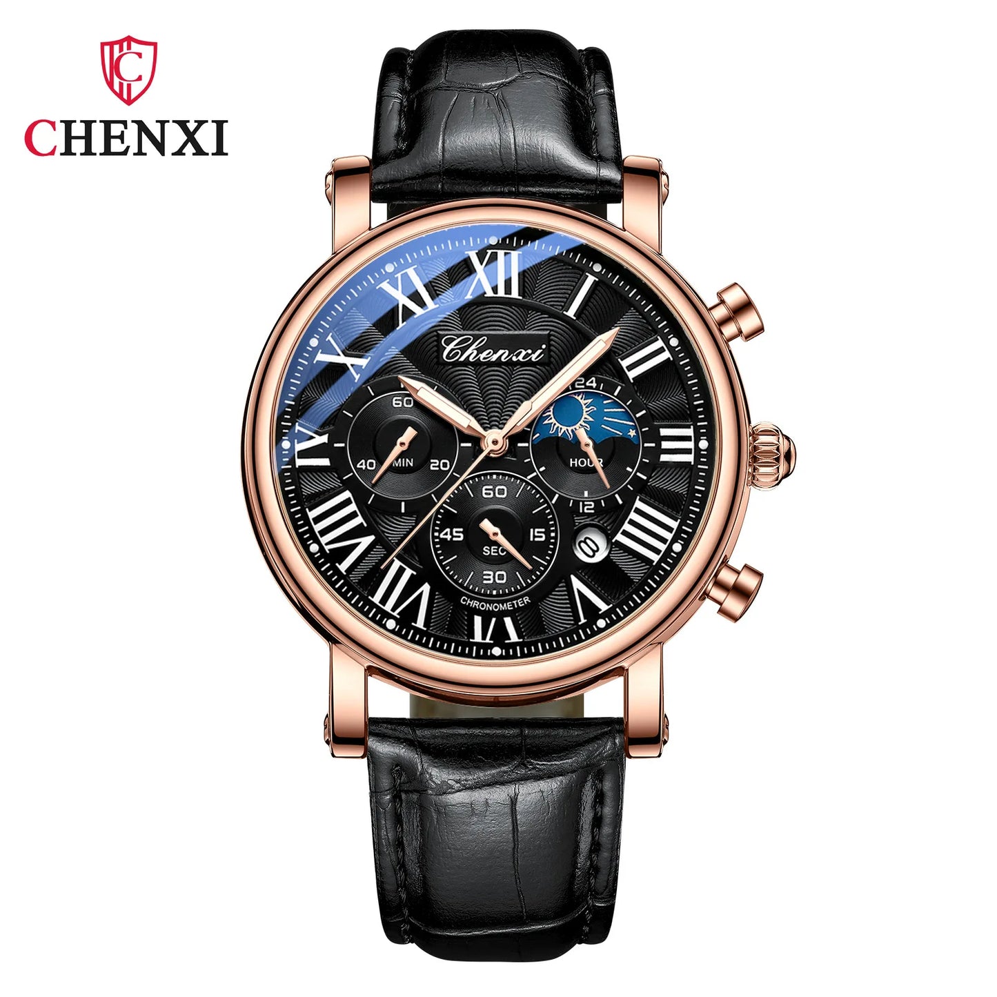 CHENXI 973 Men's Wristwatch Multi-functional Business Watch Moon Phase Date Waterproof Rome Dial Leather Quartz Watches for Man