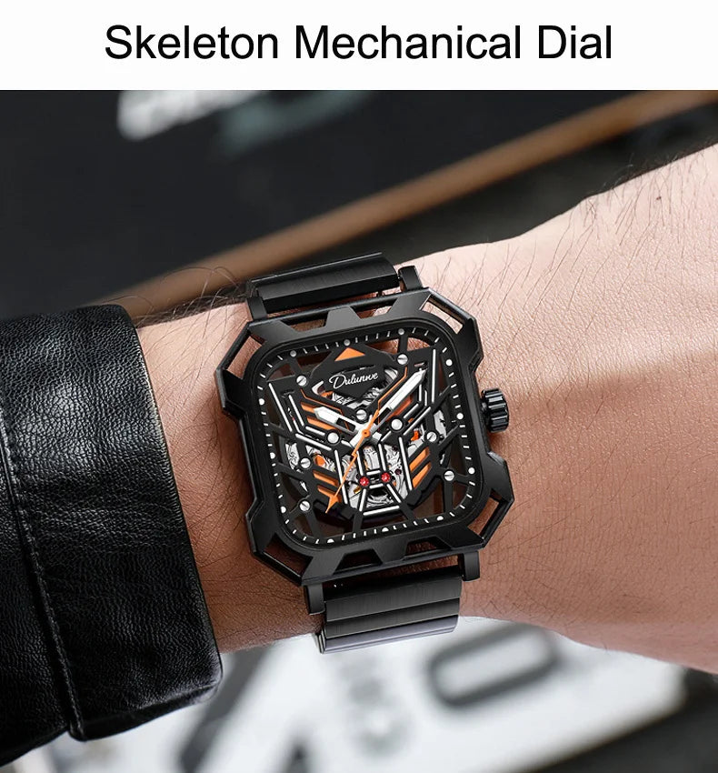 Square Skeleton Dial Mens Watches Top Brand Luxury Luminous Sports Automatic Mechanical Watch Waterproof Steel Reloj Hombre