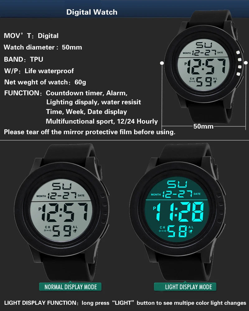 YIKAZE Men's Digital Watches Waterproof Outdoor Men Sports Watch Fitness Electronic Watch Military Sports Clock Kids Gifts