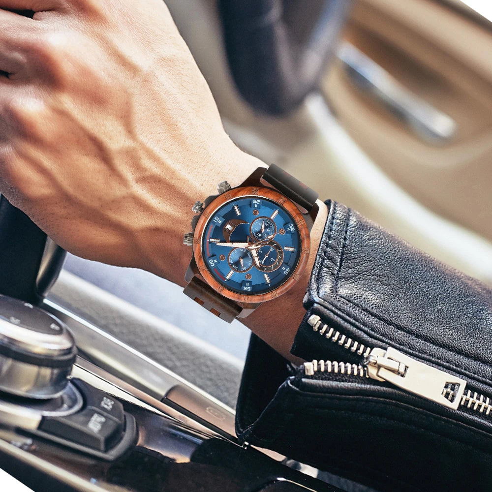 Men's Wooden Wrist Watches for Men Chronograph Fashion Wristwatches Business Blue Wood Mens Watches Clock reloj madera hombre