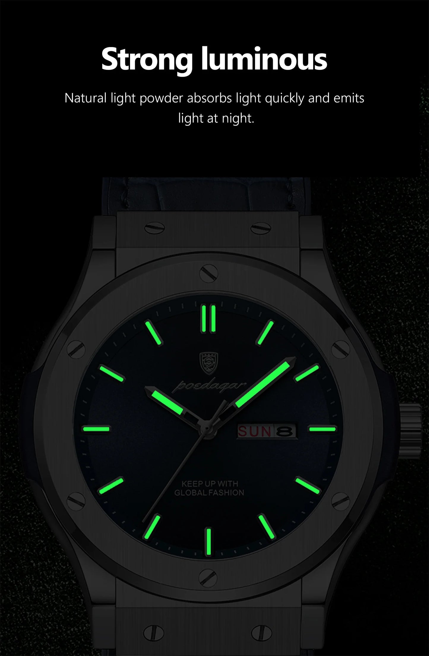 POEDAGAR Men's Watches Trend Fashion Original Quartz Watch for Man Waterproof Leather Strap Luminous Date Week Wristwatch Reloj