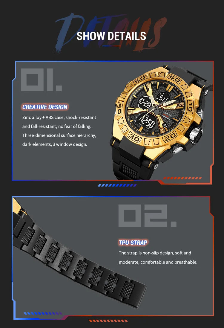 STRYVE Men's Watches 50M Waterproof Clock Alarm Reloj Hombre 8026 Dual Display Wristwatch Quartz Digital Clock Men