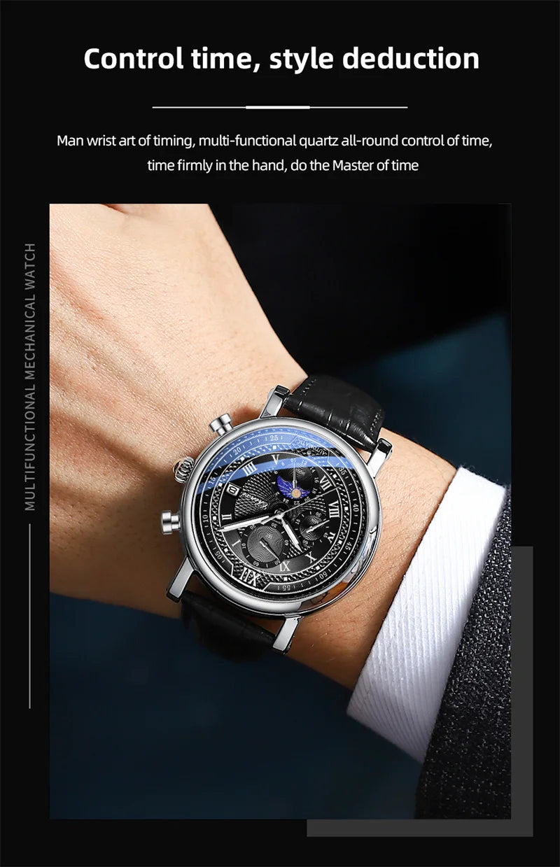 CHENXI 976 Men's Watch Leather Chronograph Date Quartz Watches Phase Moon Timing Business Luminous Wrist Watch Relojes para