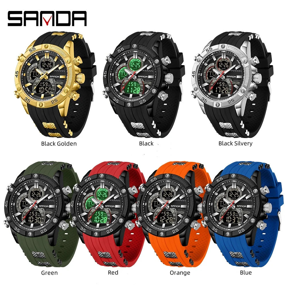 SANDA 6162 Men's Electronic Watch Creative Sports Waterproof Luminous Chronograph Pointer Digital Dual Display Wristwatches
