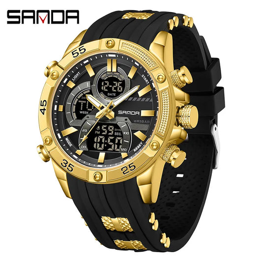 SANDA 6162 Men's Electronic Watch Creative Sports Waterproof Luminous Chronograph Pointer Digital Dual Display Wristwatches