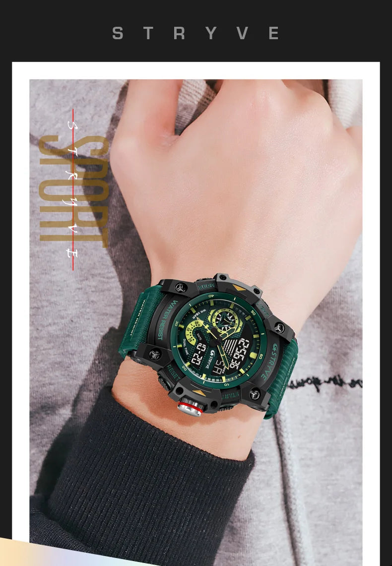 STRYVE Electronic Fashion Men's Sport Watches Shock Resistant 50M Waterproof Wristwatch LED Alarm Stopwatch Clock Men 8029