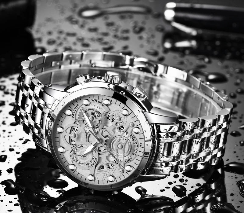 Men's Business Watch Skeleton Design Fashion Mechanical Style Stainless Steel Quartz Movement Calendar Waterproof Men WristWatch