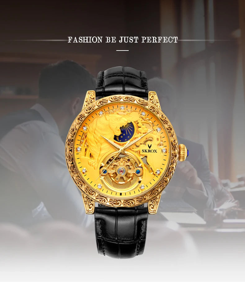 SKROX Original Gold Tiger Diamond Elegant Men's Watch Moon Phase Tourbillon Automatic Mechanical High-end Luxury Male Clockwork
