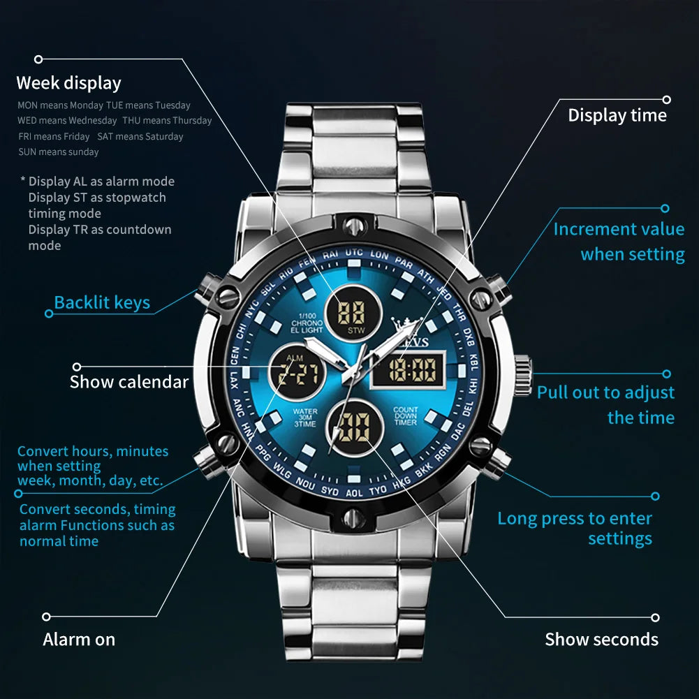 OLEVS 1106 Watch Men Chronograph Calendar Alarm Clock Quartz Movement Stainless steel Multi-function Man Hand Clock Trend Watch