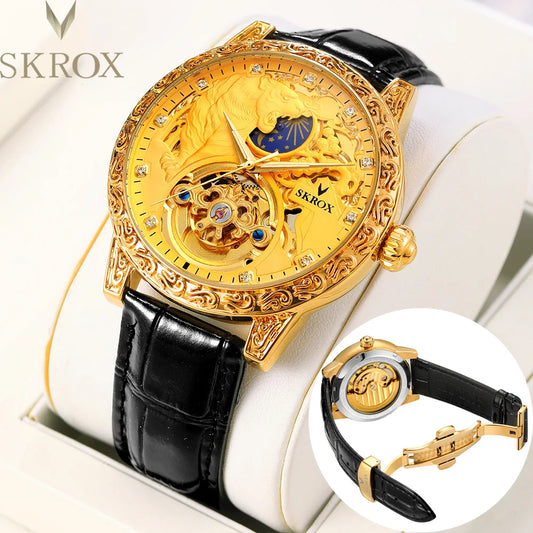 SKROX Original Gold Tiger Diamond Elegant Men's Watch Moon Phase Tourbillon Automatic Mechanical High-end Luxury Male Clockwork