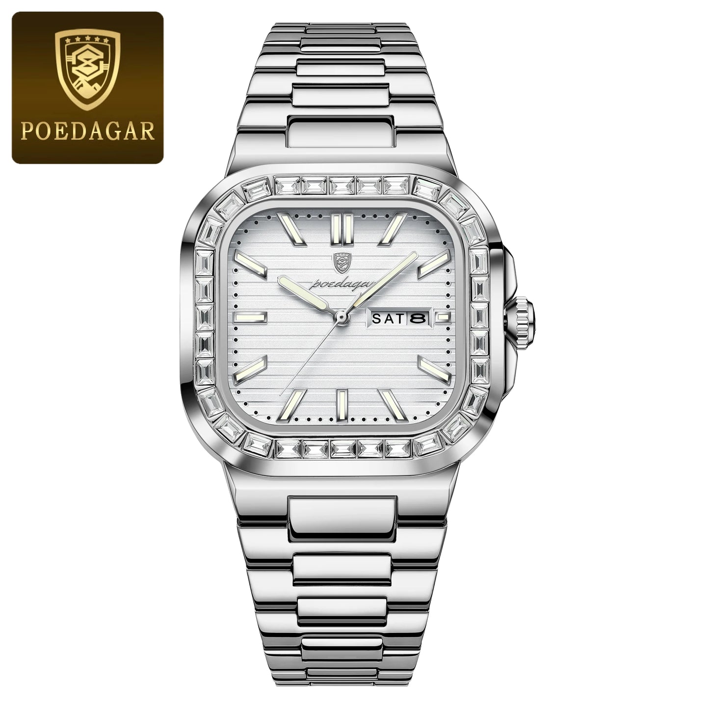 POEDAGAR Top Brand Luxury Watch for Men Waterproof Luminous Date Week Man Wristwatch Stainless Steel Square Quartz Men's Watches