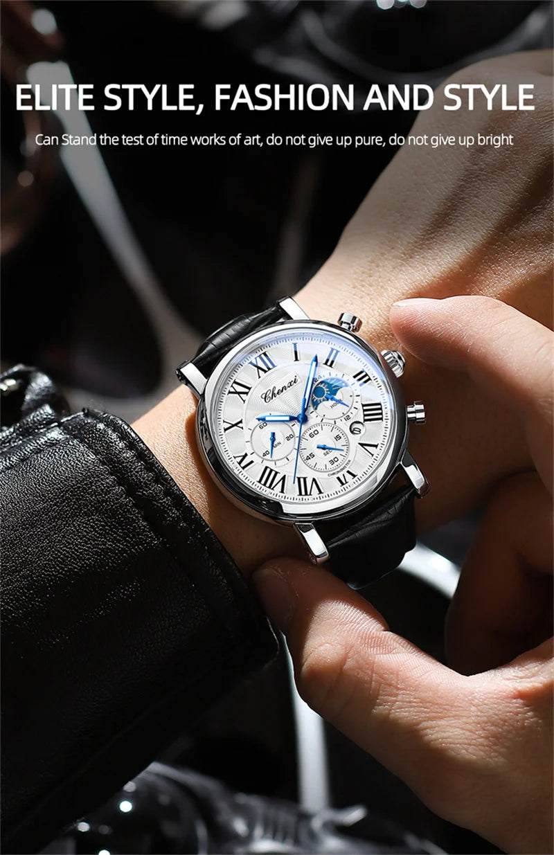 CHENXI 973 Men's Wristwatch Multi-functional Business Watch Moon Phase Date Waterproof Rome Dial Leather Quartz Watches for Man