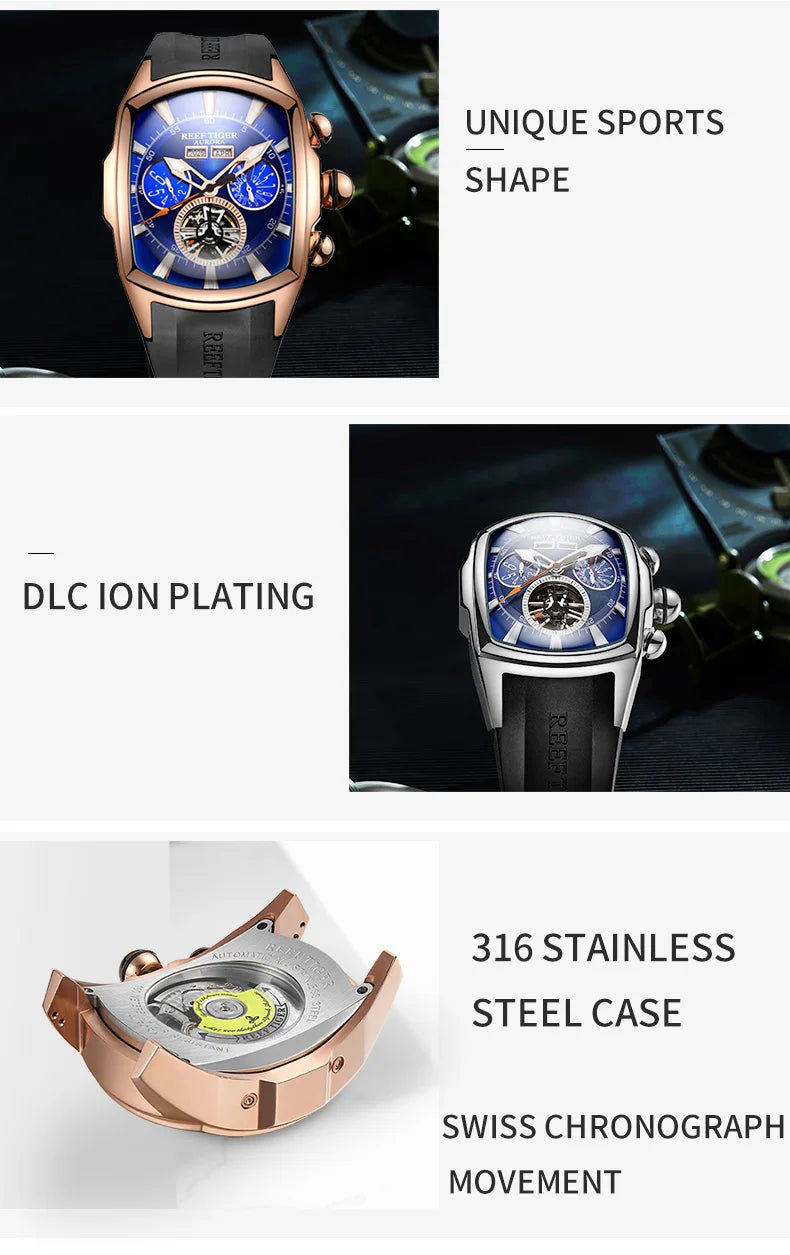Reef Tiger/RT Designer Sport Watches with Tourbillon Stainless Steel Rubber Strap Blue Dial Automatic Watches RGA3069