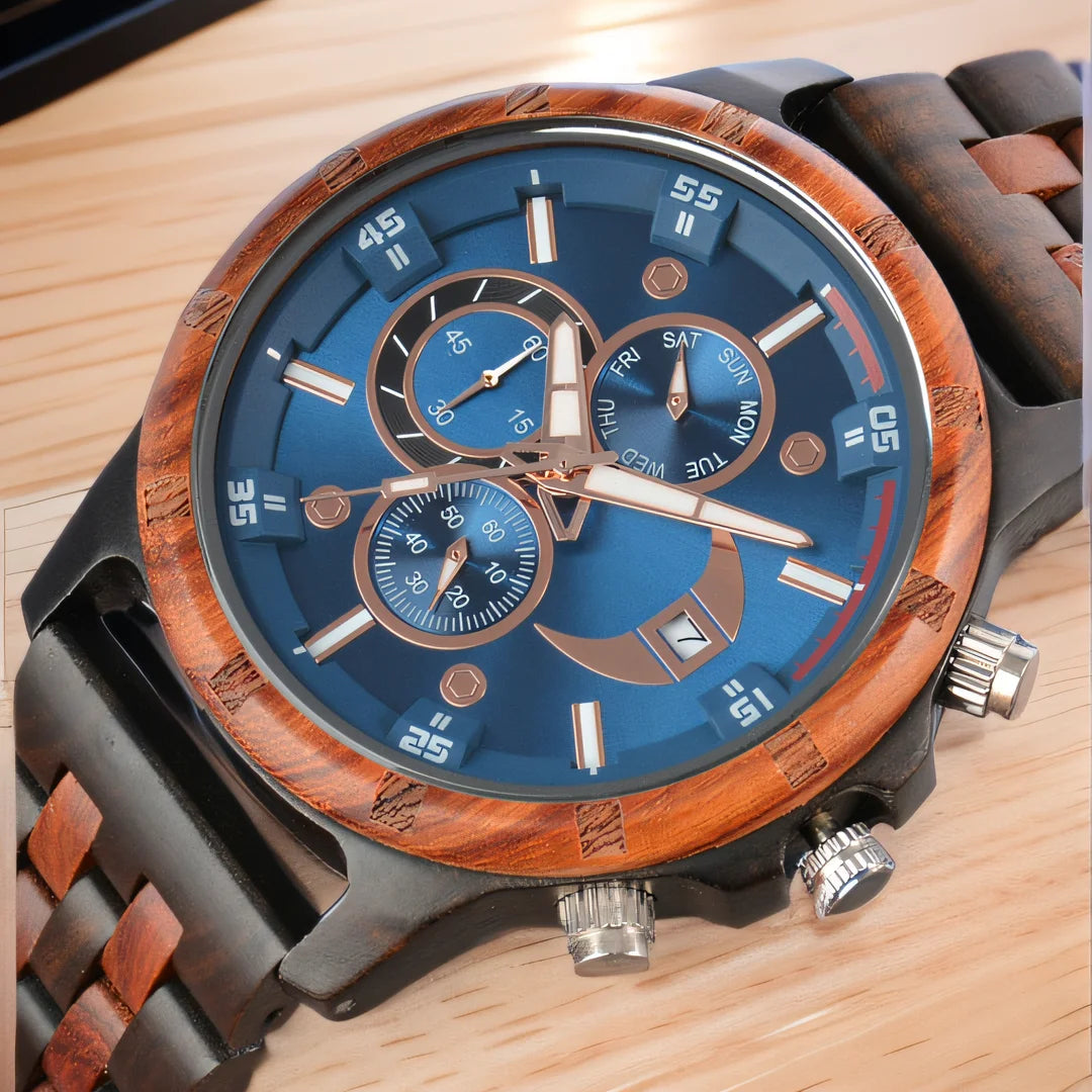 Men's Wooden Wrist Watches for Men Chronograph Fashion Wristwatches Business Blue Wood Mens Watches Clock reloj madera hombre