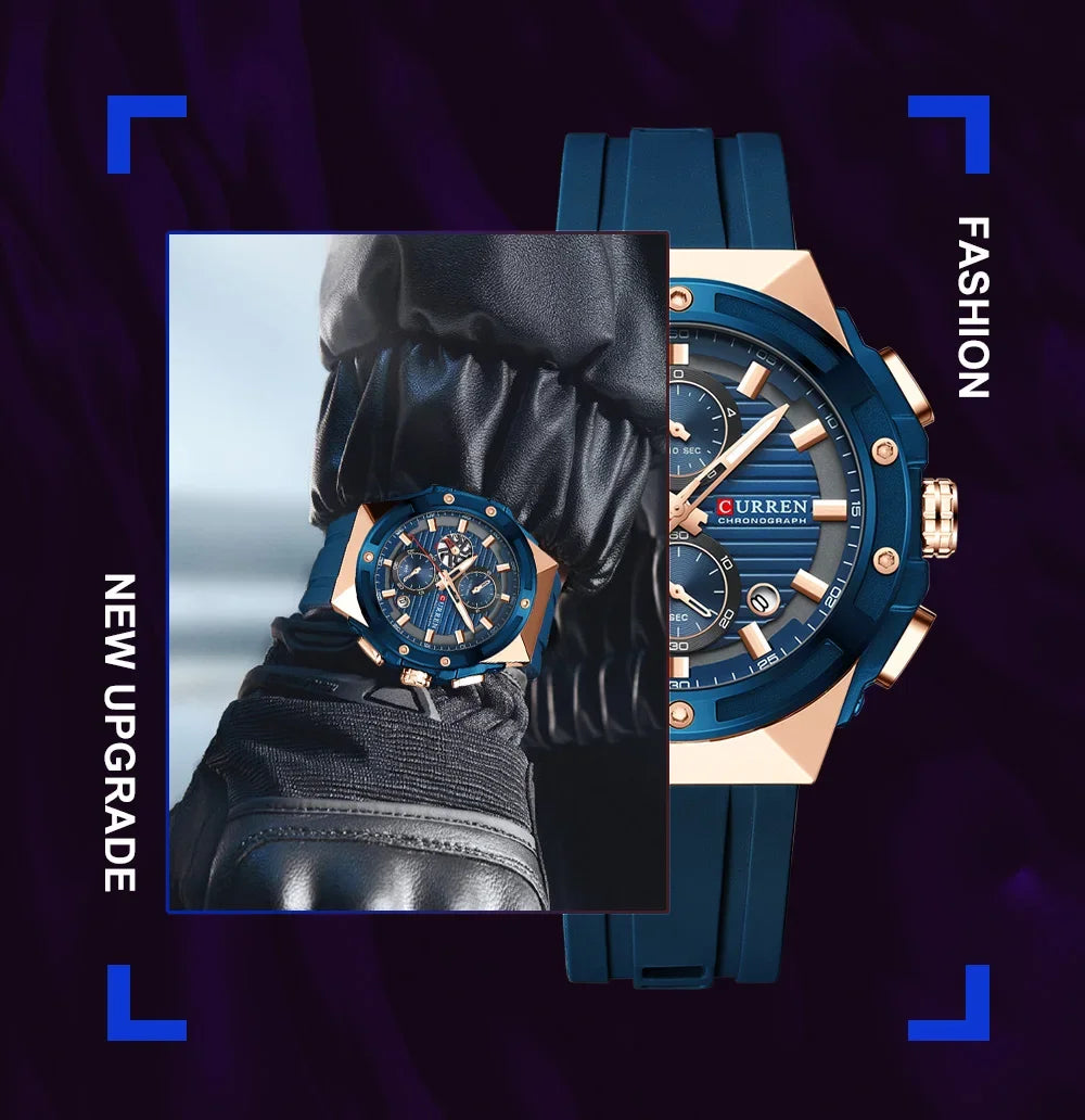 CURREN Fashionable Sports Multifunctional Chronograph Quartz Watch with Silicone Strap Creative Design Dial Luminous Hands