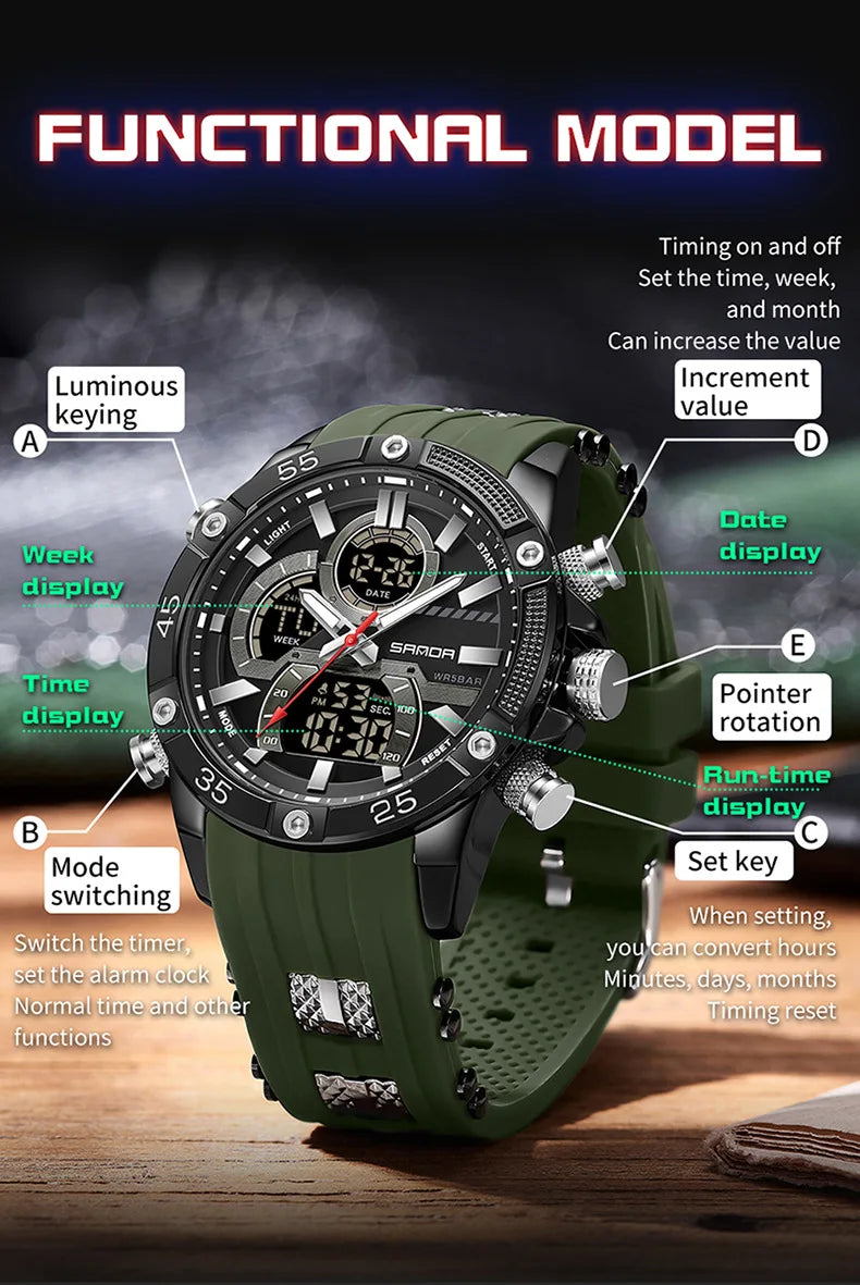 SANDA 6162 Men's Electronic Watch Creative Sports Waterproof Luminous Chronograph Pointer Digital Dual Display Wristwatches