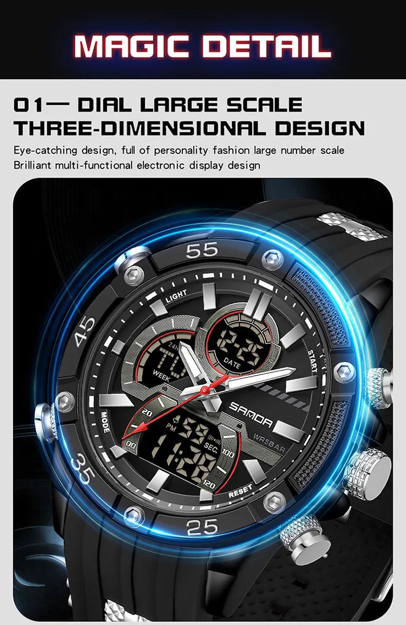 SANDA 6162 Men's Electronic Watch Creative Sports Waterproof Luminous Chronograph Pointer Digital Dual Display Wristwatches