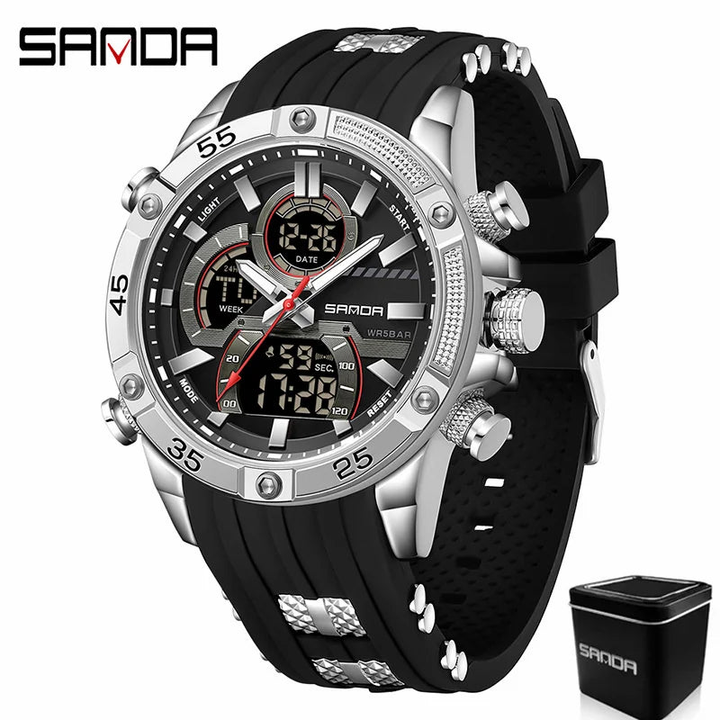 SANDA 6162 Men's Electronic Watch Creative Sports Waterproof Luminous Chronograph Pointer Digital Dual Display Wristwatches