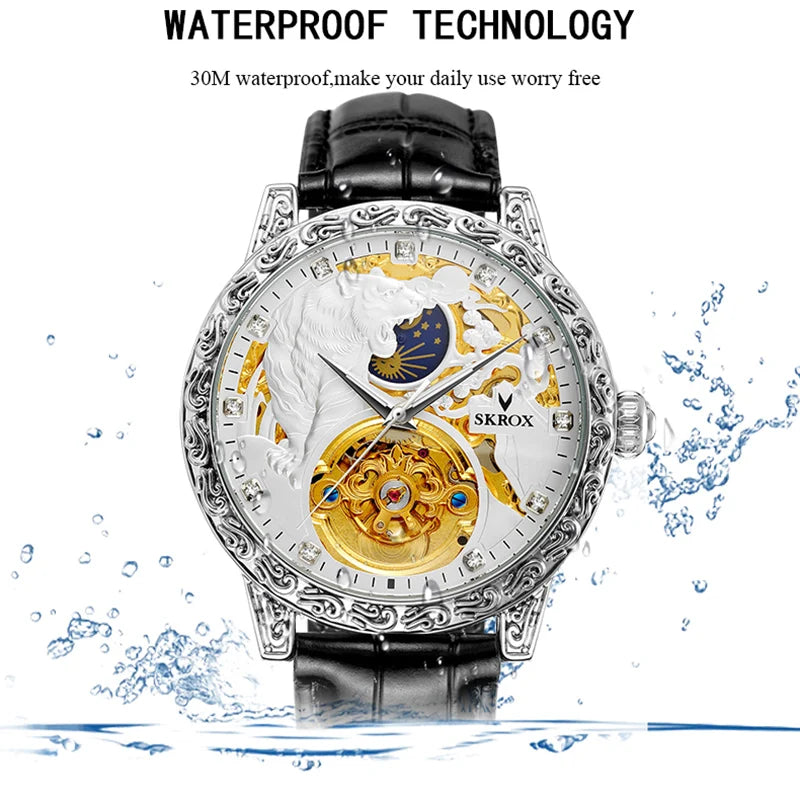 SKROX Original Gold Tiger Diamond Elegant Men's Watch Moon Phase Tourbillon Automatic Mechanical High-end Luxury Male Clockwork