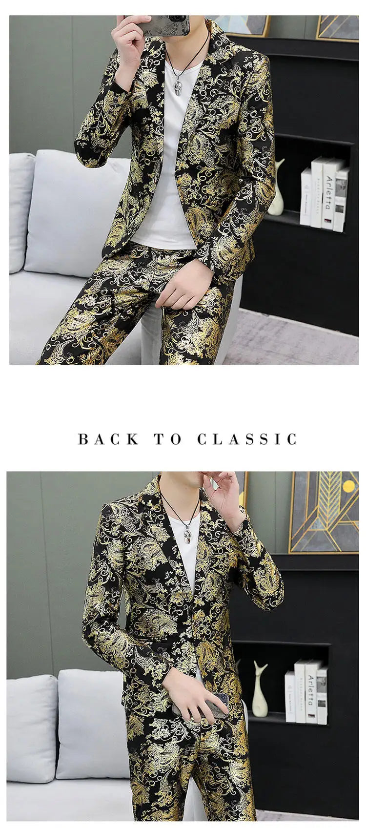 Men's Suit Set Shiny Gold and Silver 2-piece Set Korean Fashion Host Wedding Set Suit Jacket+pants Men's Hot Stamping Clothing