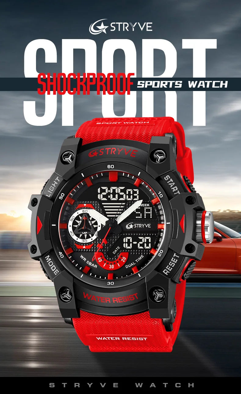 STRYVE Electronic Fashion Men's Sport Watches Shock Resistant 50M Waterproof Wristwatch LED Alarm Stopwatch Clock Men 8029