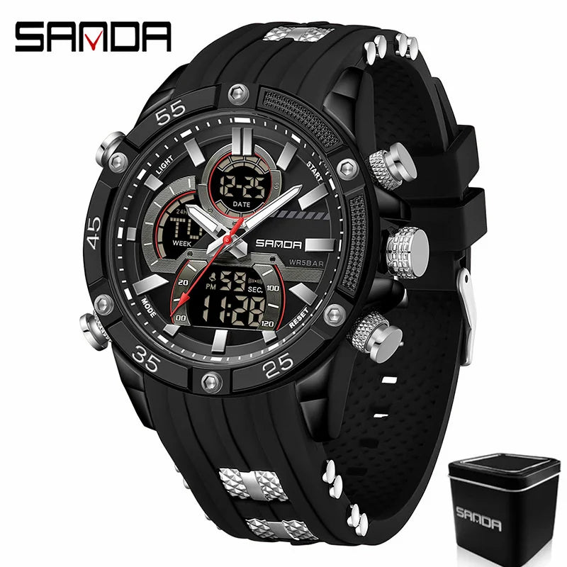 SANDA 6162 Men's Electronic Watch Creative Sports Waterproof Luminous Chronograph Pointer Digital Dual Display Wristwatches