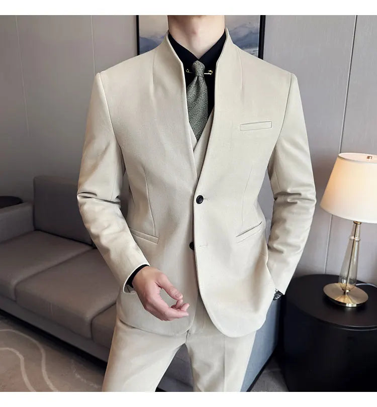 Korean Style Men's Suit Set Slim Fit Business Suit Wool Blazer Three Piece Set Elegant Social Formal Men's Clothing 5XL-M