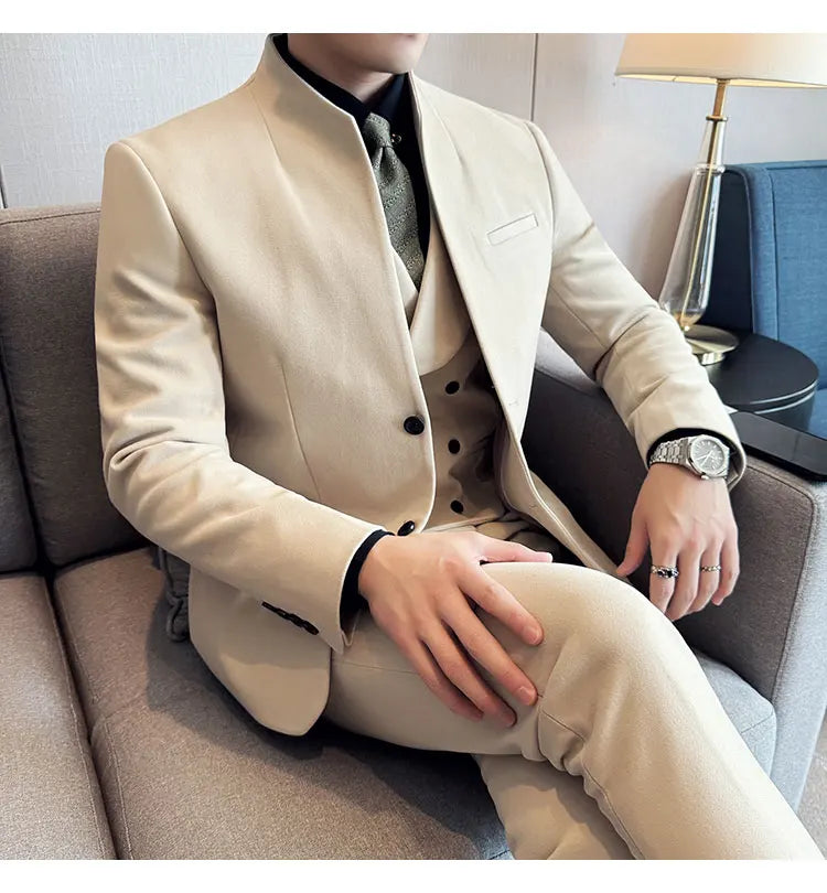 Korean Style Men's Suit Set Slim Fit Business Suit Wool Blazer Three Piece Set Elegant Social Formal Men's Clothing 5XL-M