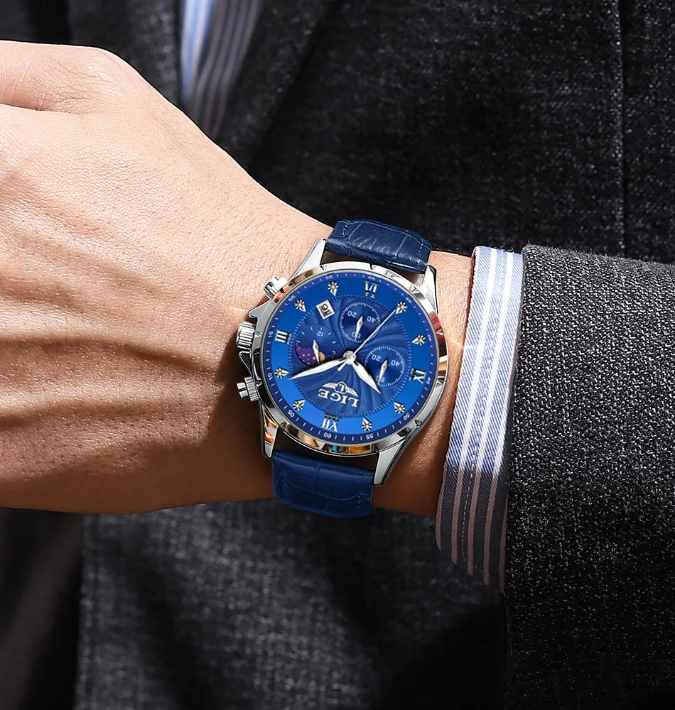 New Mens Watches LIGE Top Brand Luxury Leather Casual Quartz Watch Men's Sport Waterproof Clock Watch Relogios Masculino+Box