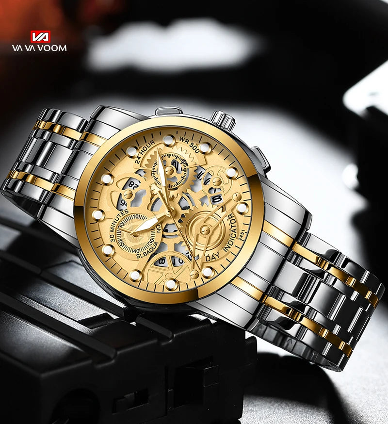 Men's Business Watch Skeleton Design Fashion Mechanical Style Stainless Steel Quartz Movement Calendar Waterproof Men WristWatch
