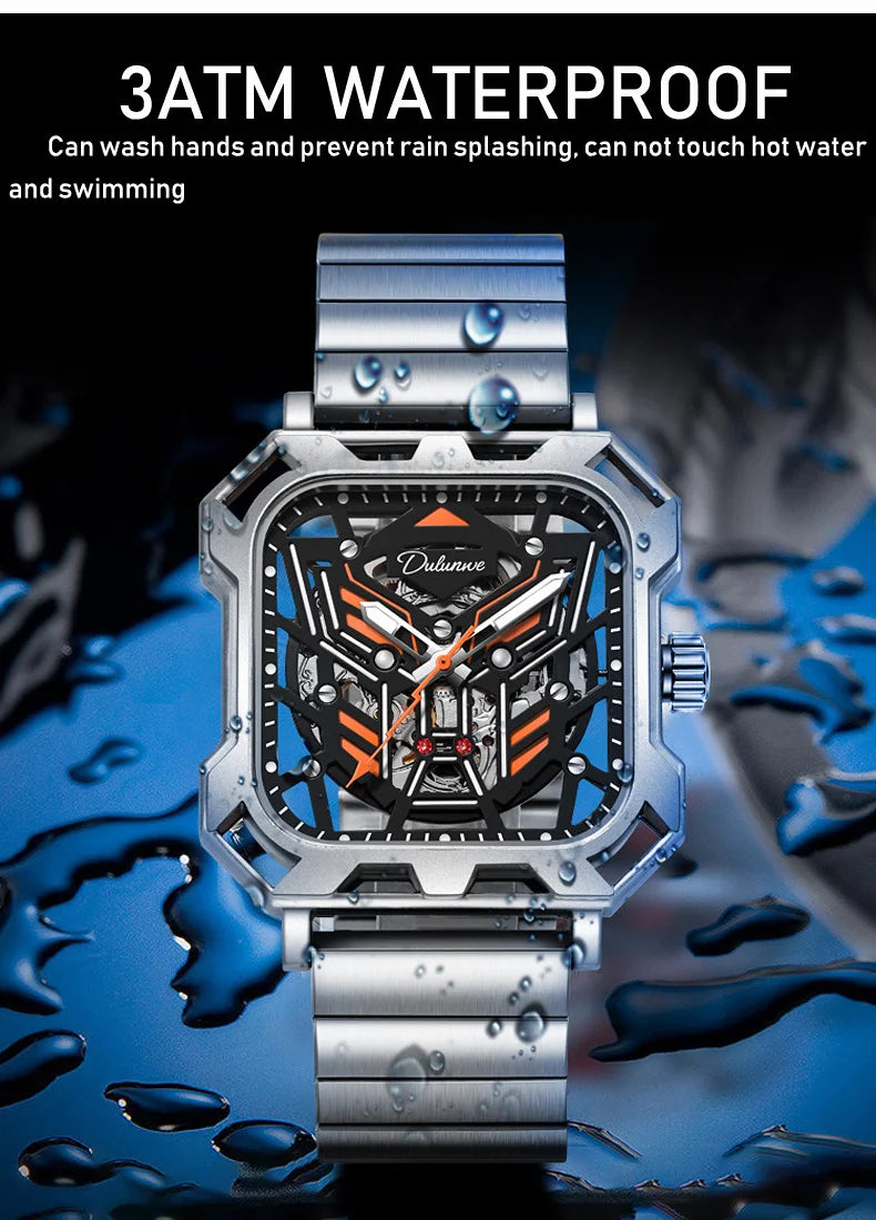 Square Skeleton Dial Mens Watches Top Brand Luxury Luminous Sports Automatic Mechanical Watch Waterproof Steel Reloj Hombre