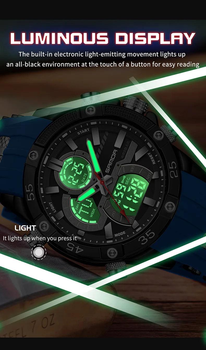 SANDA 6162 Men's Electronic Watch Creative Sports Waterproof Luminous Chronograph Pointer Digital Dual Display Wristwatches